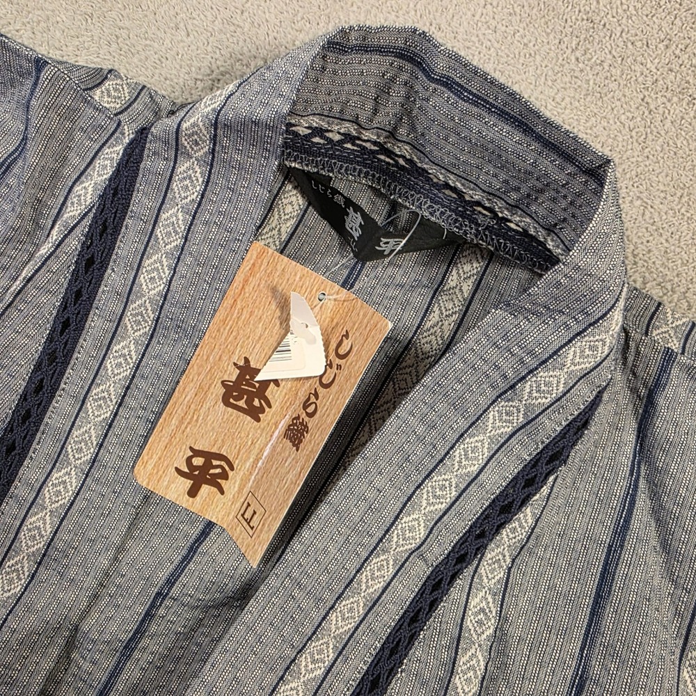 Japanese Jinbei Kimono Top Mens LL Blue Stripe Seersucker Loungewear Streetwear